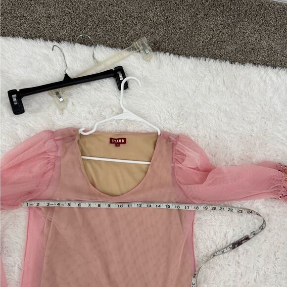 Staud Sheer Tulle Shift Dress w/Beaded Bell Sleeves Nude Lining Size XS - Picture 6 of 12